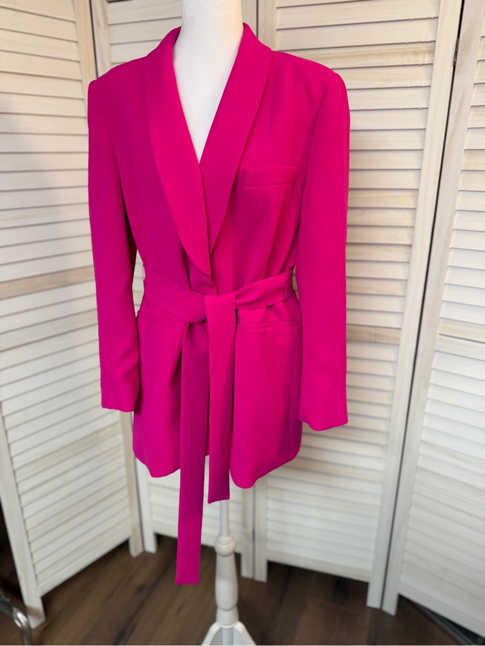 Zara Bright Pink Belted Shawl Collar Blazer SZ L tie belt tuxedo collar NWOT - Picture 3 of 5
